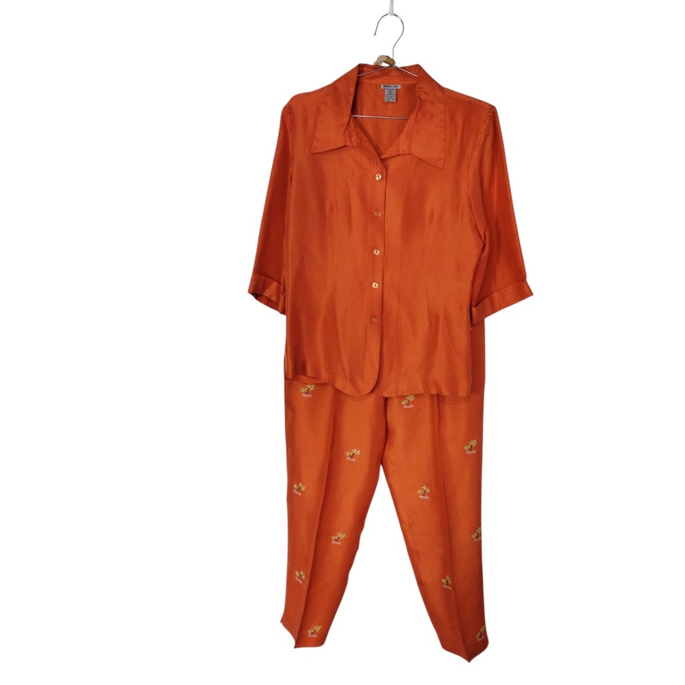 Vintage Silks Womens Orange 100% Silk 2 Piece Pant Set Palm Tree Embroidered S
